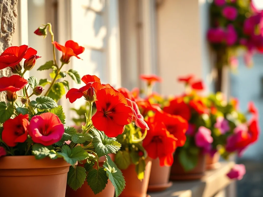 Kwitnące pelargonie i petunie w terakotowych donicach na słonecznym parapecie, idealne do nasłonecznionych miejsc.